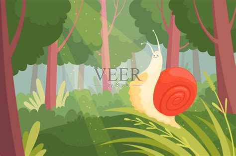 蜗牛在木头。黏液缓慢移动在绿色草地上，在木材自然动物花园蜗牛载体插图插画图片素材_ID:354122909-Veer图库
