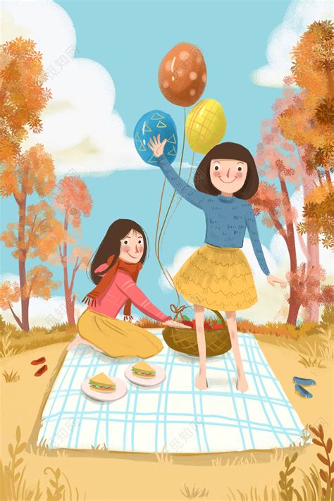 卡通手绘秋天秋游人物野餐气球人物背景插画图片素材免费下载 - 觅知网