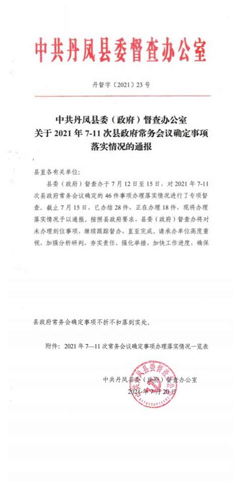 2021年7-11次县政府常务会议确定事项落实情况的通报_丹凤县人民政府