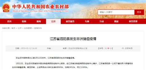 执业兽医网-行业新闻-江苏省泗阳县发生非洲猪瘟疫情，存栏生猪68969头