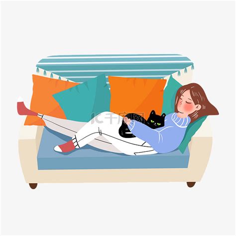 冬季沙发少女躺在沙发上黑猫素材图片免费下载-千库网