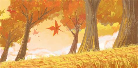 黄色唯美手绘油画秋季树林河流风景原创背景插画素材免费下载 - 觅知网