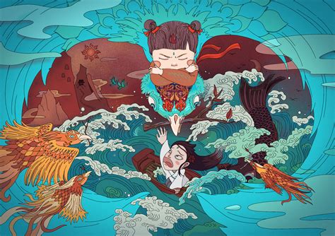 中国风工笔神话精卫填海手绘背景插画图片-千库网