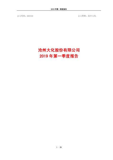 沧州大化：2019年第一季度报告