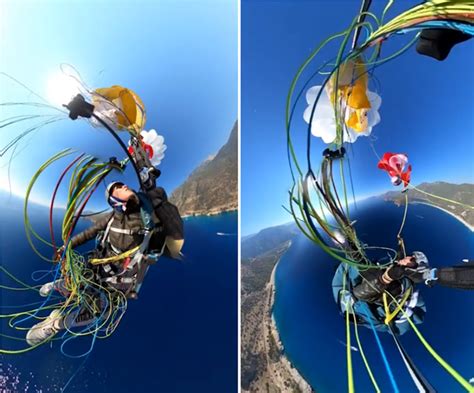 法国女子玩滑翔伞时降落伞被绳子缠住 连人带伞在高空翻转画面惊险