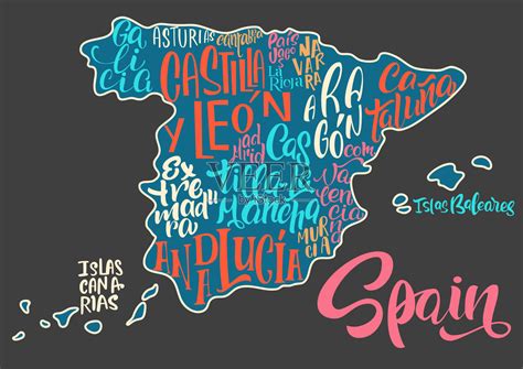 西班牙地图的剪影与手写的地区，省的名字-加泰罗尼亚，安达卢西亚，加利西亚等。在西班牙地图的背景上手写的字母。插画图片素材_ID ...