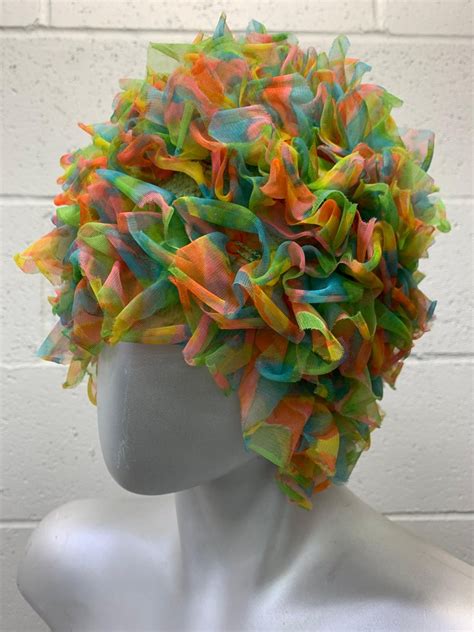 1960 Rubber and Ruffled Tulle "Sava-Wave" Pastel Swim Cap at 1stDibs