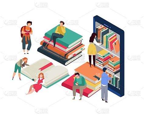 虚拟图书馆。在线图书俱乐部。小人坐在巨大的书堆上，男女阅读，电子文学，书架上的电子书，网络教育矢量概