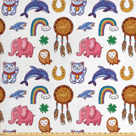 Cartoon Fabric by the Yard, Repetition with Lucky Elements and Animals, Decorative Upholstery ...