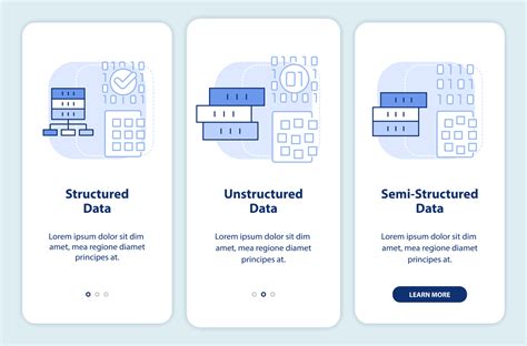 Types of big data light blue onboarding mobile app screen. Structure ...