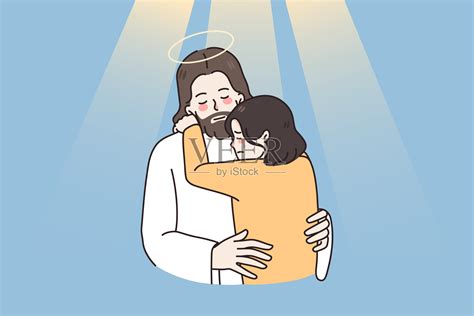 耶稣拥抱安慰不幸的小女孩孩子插画图片素材_ID:412524710-Veer图库