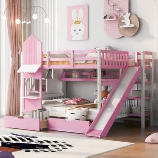 Full-Over-Full Castle Bunk Bed with 2 Drawers Shelves and Slide ...