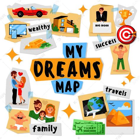 梦想愿景板组合与梦想目标的彩色卡通图像和幸福家庭矢量插图的照片素材图片免费下载-千库网