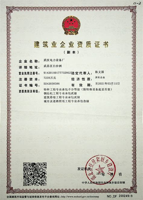 中国电建集团武汉重工装备有限公司 公司资质 建筑业企业资质证书（副本）