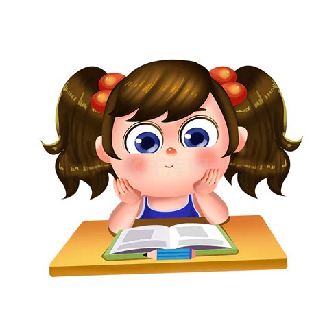 坐在书桌前开心读书的卡通女孩元素素材图片免费下载-千库网