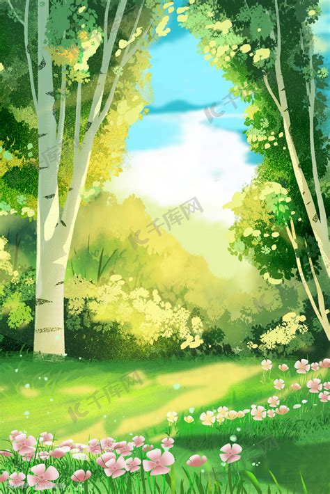 春季春天风景绿色植物草地森林树林花朵插画图片-千库网