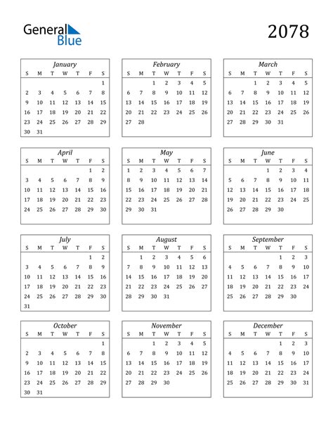 2078 Calendar (PDF, Word, Excel)